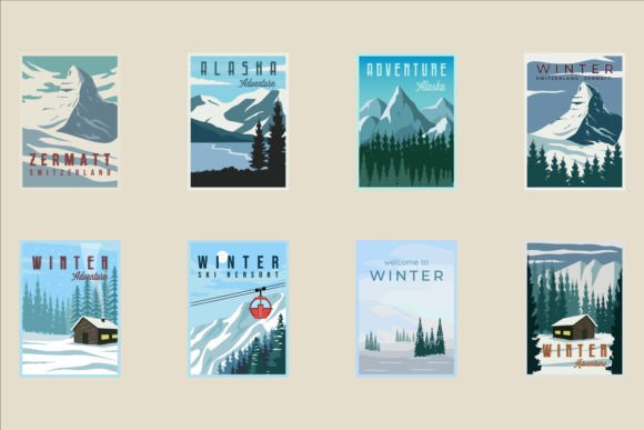 Set of Winter and Mountain Poster Vector